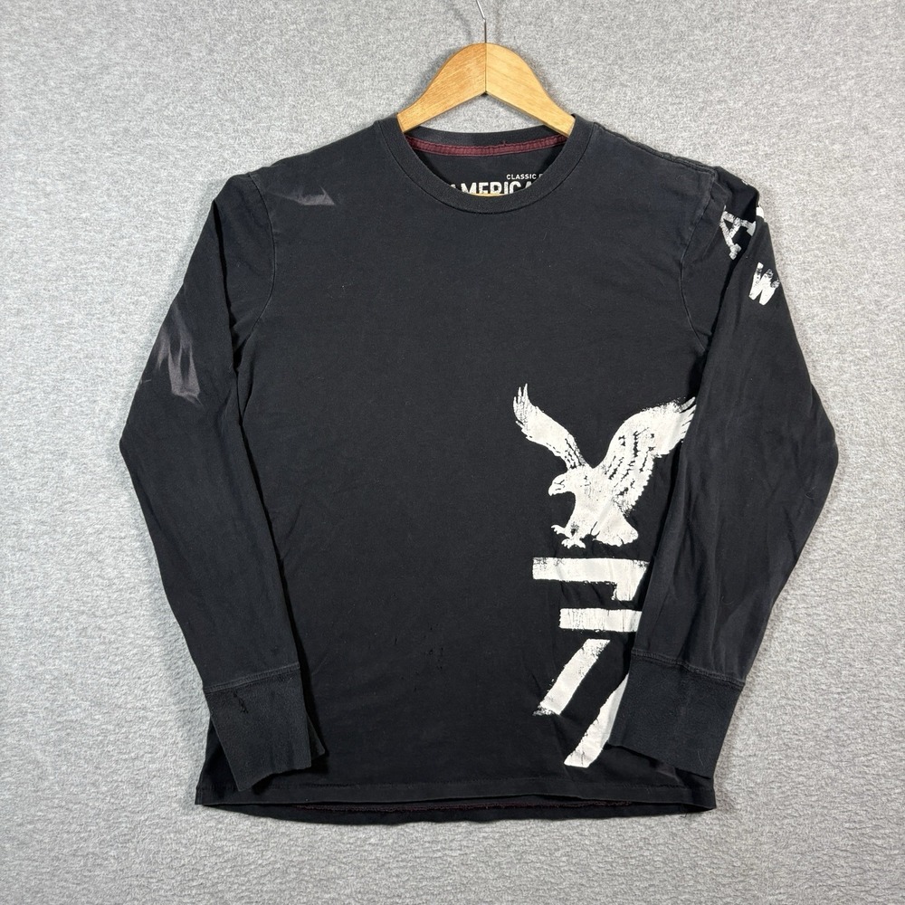 American Eagle Mens XS Long Sleeve Graphic T Shirt Faded Black Eagle Y2K Skater